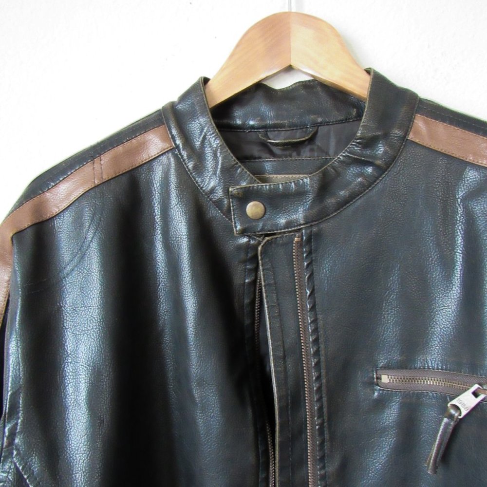 VINTAGE 90s Faux Leather Moto Jacket Sporty Stripes Size Men's M or Womens M/L - Picture 4 of 16